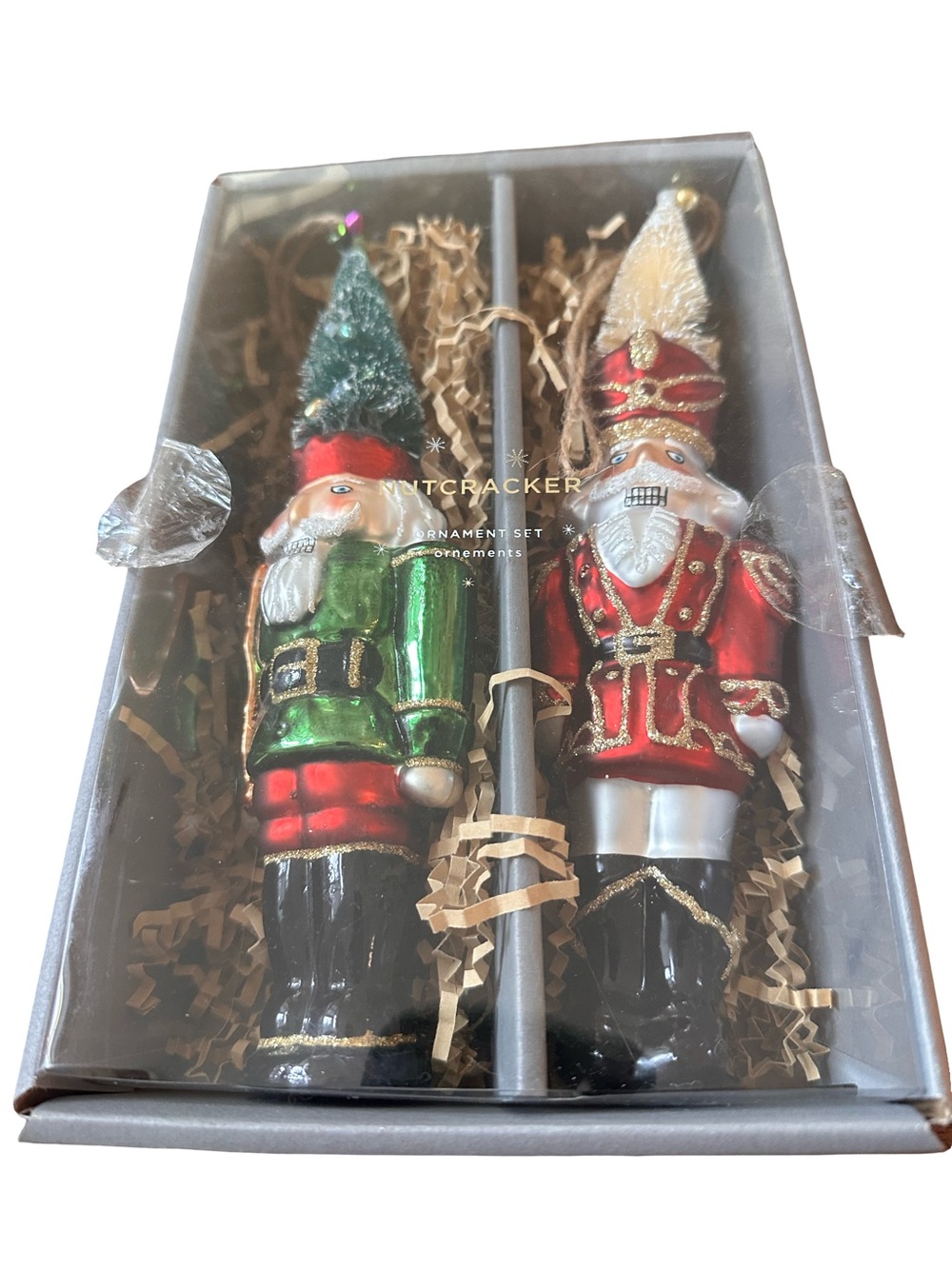 NEW Pottery Barn Set of Two Mercury Glass Multicolor Nutcracker Ornaments